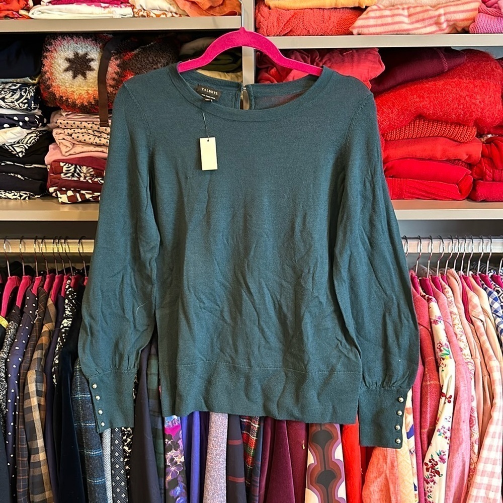 Talbots dark teal long sleeve sweater with pearl button cuffs size XS NWT